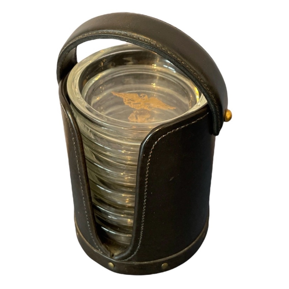 1960s Bosca Glass Coasters Set 6 Gold Eagle MCM Barware with Leather Case